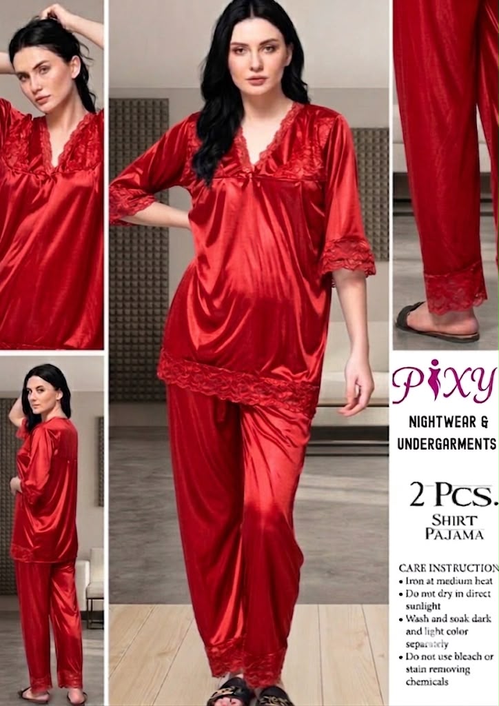 Pixy Women's 2-Piece Jersey Silk Nightwear Set - Lace Trim Shirt & Pajama