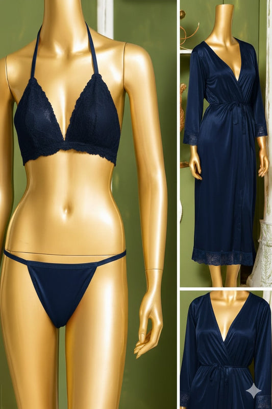 Luxury 3-Piece Satin Nightwear Set – Elegant Long Gown, Lace Bra & Panty Collection