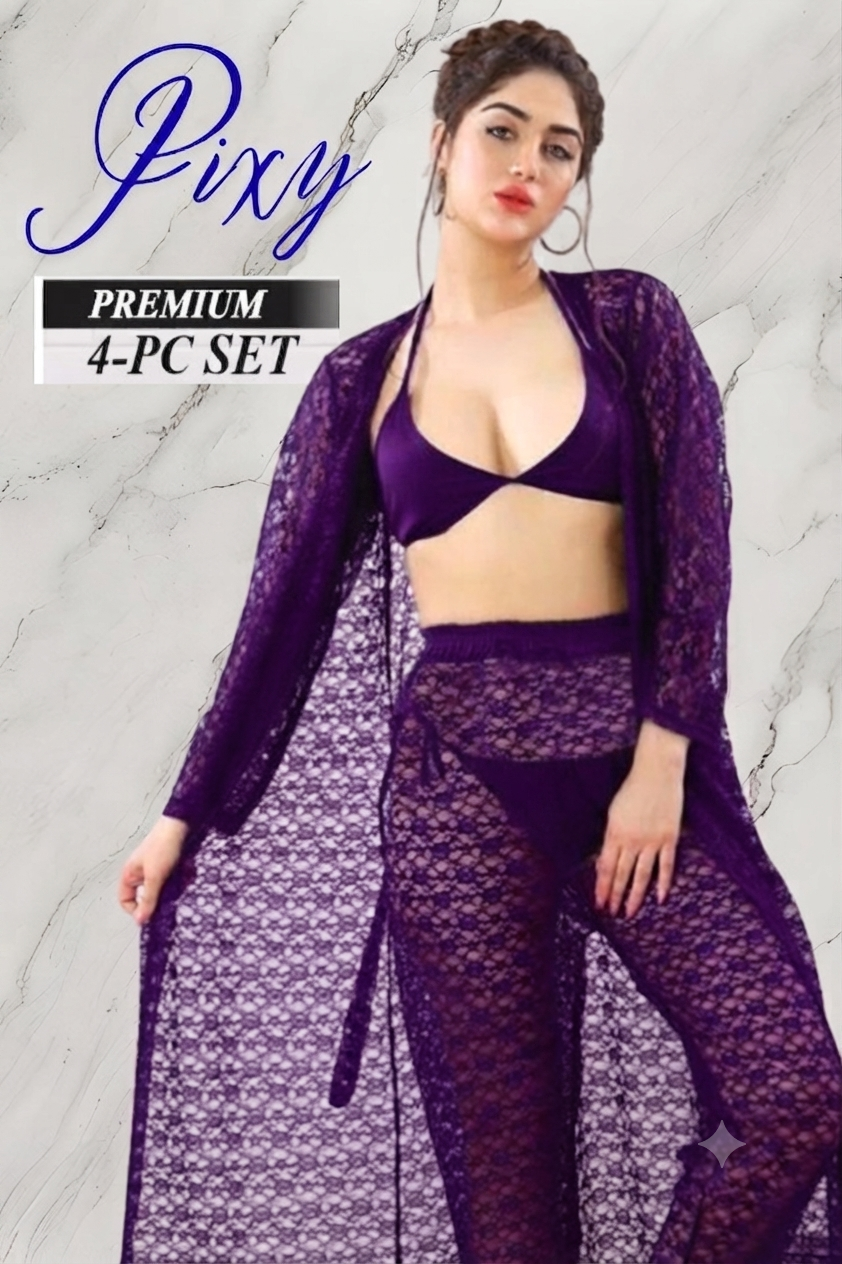 PIXY Premium 4-Piece Floral Net Lingerie & Lounge Set