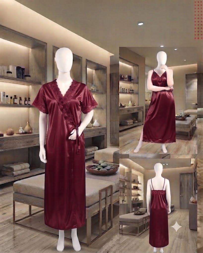 Luxury Silk 2-Piece Long Inner & Long Gown  Nighty Set – Premium Bridal & Lounge Wear