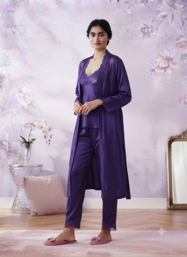 Luxury 3-Piece Jersey Silk  Nightwear Set - Gown, Inner & Trouser