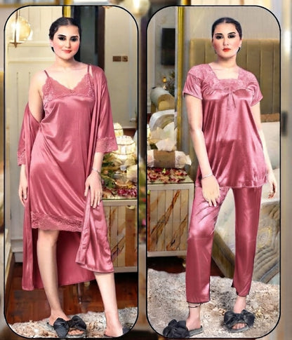 Pixy Glamour 4-Piece Satin Lounge & Sleepwear Set – The Ultimate Silk-Feel Comfort Collection