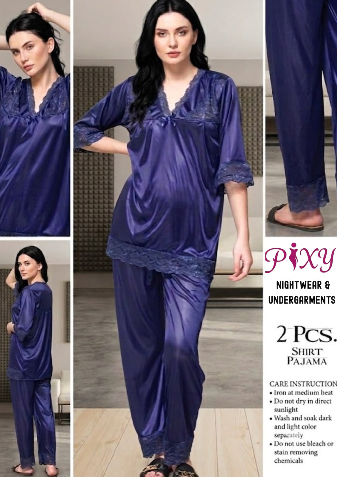 Pixy Women's 2-Piece Jersey Silk  Nightwear Set - Lace Trim Shirt & Pajama