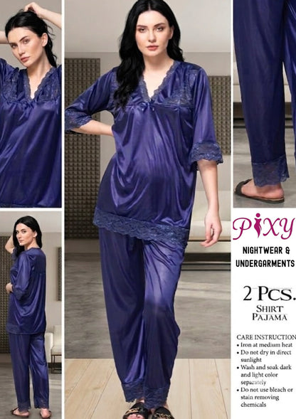 Pixy Women's 2-Piece Jersey Silk  Nightwear Set - Lace Trim Shirt & Pajama