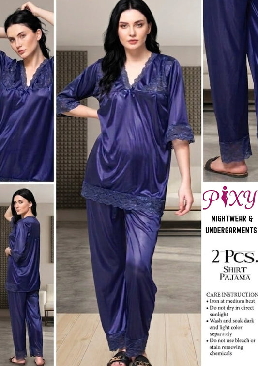 Pixy Women's 2-Piece Jersey Silk  Nightwear Set - Lace Trim Shirt & Pajama