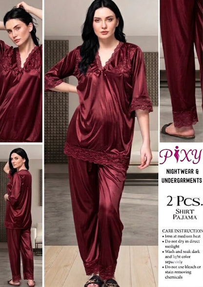 Pixy Women's 2-Piece Jersey Silk  Nightwear Set - Lace Trim Shirt & Pajama