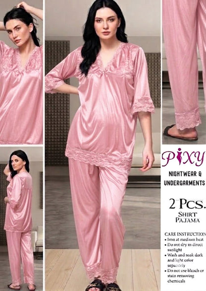 Pixy Women's 2-Piece Jersey Silk  Nightwear Set - Lace Trim Shirt & Pajama