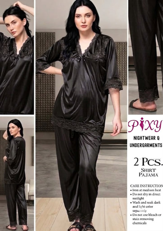 Pixy Women's 2-Piece Jersey Silk  Nightwear Set - Lace Trim Shirt & Pajama