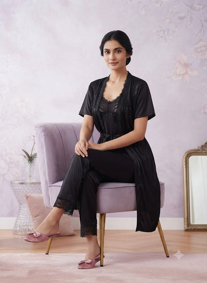 Luxury 3-Piece Jersey Silk  Nightwear Set - Gown, Inner & Trouser