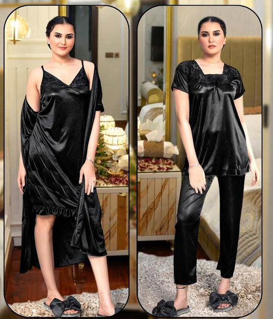 Pixy Glamour 4-Piece Satin Lounge & Sleepwear Set – The Ultimate Silk-Feel Comfort Collection