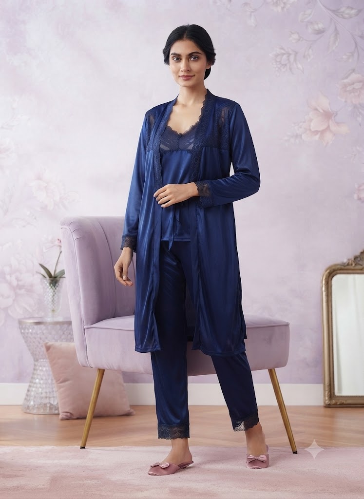 Luxury 3-Piece Jersey Silk  Nightwear Set - Gown, Inner & Trouser
