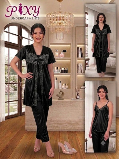 Pixy Women's 3-Piece Jersey Silk Nightwear Set - Cami, Robe & Pajama Lounge Suit