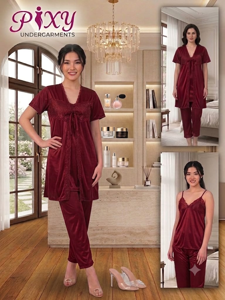 Pixy Women's 3-Piece Jersey Silk Nightwear Set - Cami, Robe & Pajama Lounge Suit