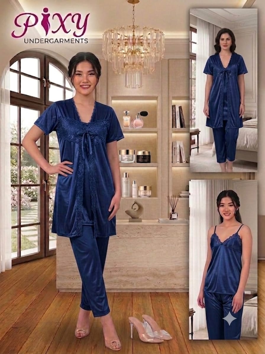 Pixy Women's 3-Piece Jersey Silk Nightwear Set - Cami, Robe & Pajama Lounge Suit