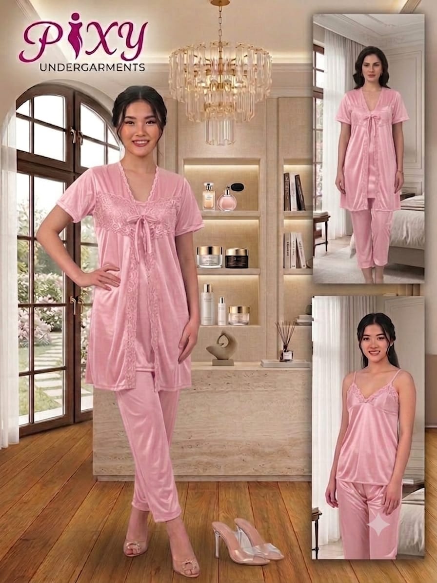 Pixy Women's 3-Piece Jersey Silk Nightwear Set - Cami, Robe & Pajama Lounge Suit