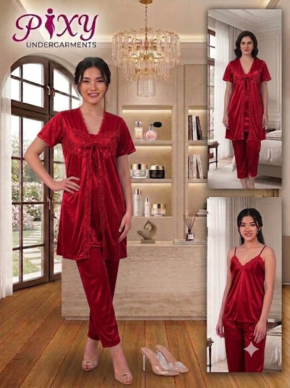 Pixy Women's 3-Piece Jersey Silk Nightwear Set - Cami, Robe & Pajama Lounge Suit