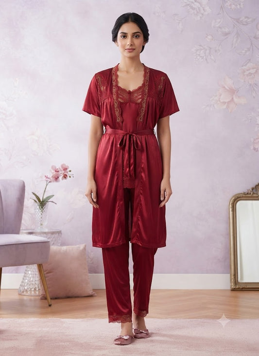 Luxury 3-Piece Jersey Silk  Nightwear Set - Gown, Inner & Trouser