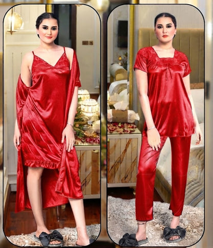 Pixy Glamour 4-Piece Satin Lounge & Sleepwear Set – The Ultimate Silk-Feel Comfort Collection