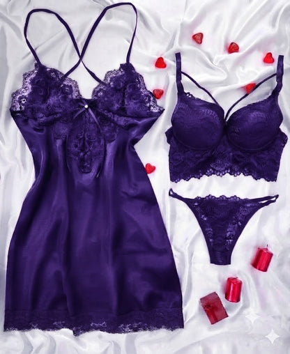 Premium 3-Piece Satin & Lace Lingerie Set