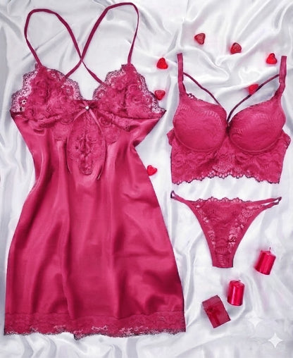Premium 3-Piece Satin & Lace Lingerie Set