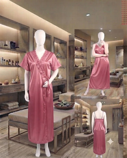Luxury Silk 2-Piece Long Inner & Long Gown  Nighty Set – Premium Bridal & Lounge Wear