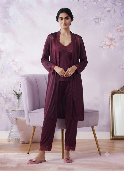 Luxury 3-Piece Jersey Silk  Nightwear Set - Gown, Inner & Trouser