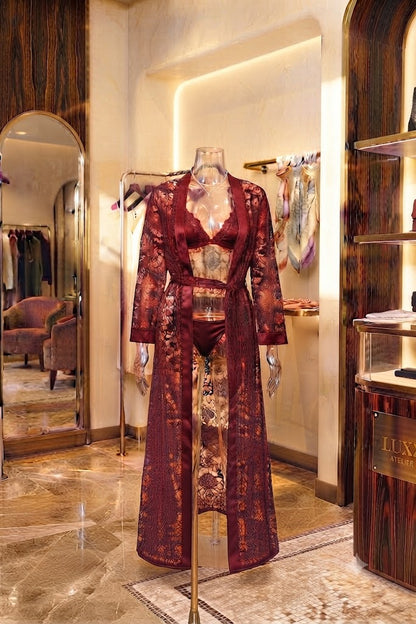 Luxury 3-Piece Floral Net Lingerie Long Gown with Bra & Panty Set - Elegant Collection