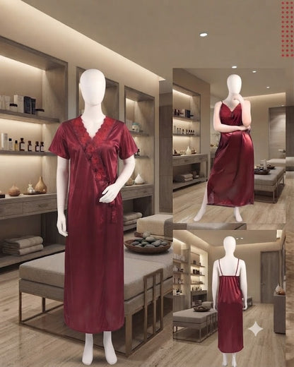Luxury Silk 2-Piece Long Inner & Long Gown  Nighty Set – Premium Bridal & Lounge Wear