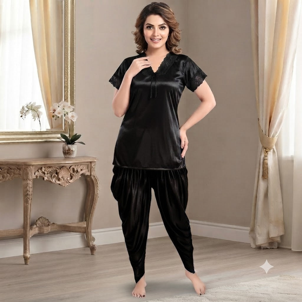 Premium Satin Patiala Night Suit for Women | Free Size 2-Piece Sleepwear