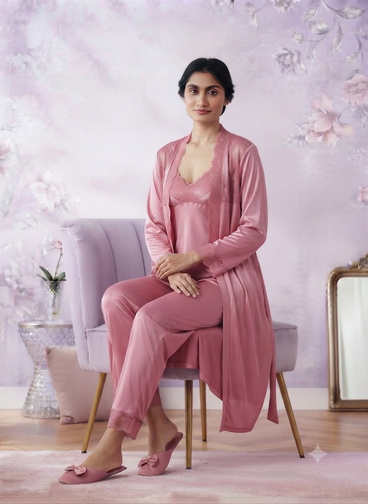 Luxury 3-Piece Jersey Silk  Nightwear Set - Gown, Inner & Trouser