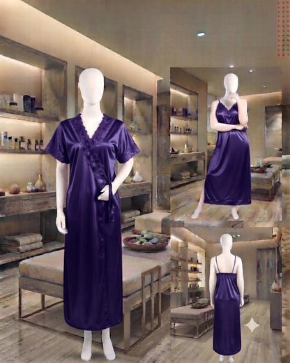 Luxury Silk 2-Piece Long Inner & Long Gown  Nighty Set – Premium Bridal & Lounge Wear