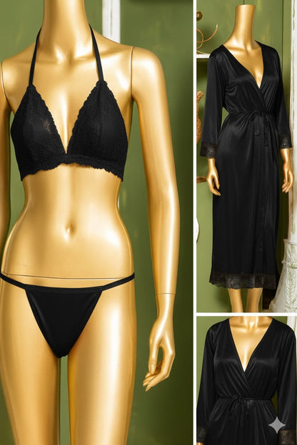 Luxury 3-Piece Satin Nightwear Set – Elegant Long Gown, Lace Bra & Panty Collection