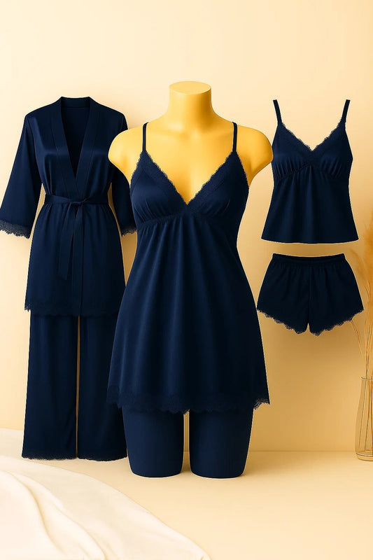 Luxury 5-Piece Satin Nightwear Set – Camisole, Shorts, Gown/Inner & Trouser  Collection With Different Colors