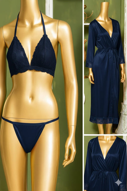 Luxury 3-Piece Satin Nightwear Set – Elegant Long Gown, Lace Bra & Panty Collection