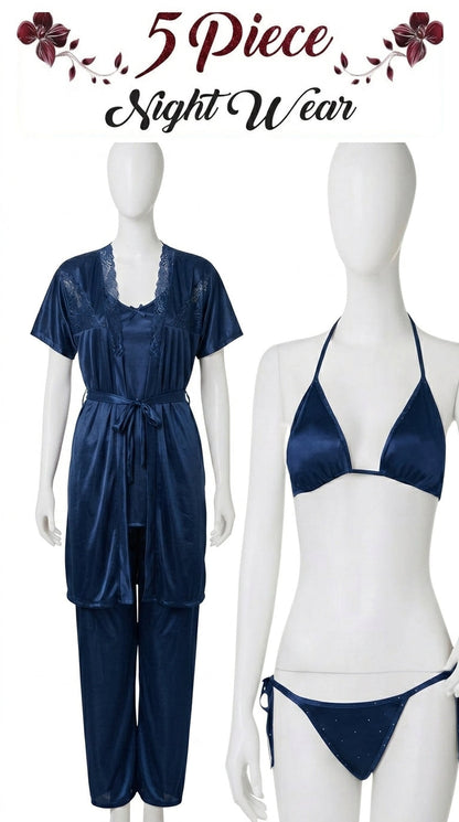 5-Piece Satin Nightwear Set for Women – Lace Robe, Camisole, Bra, Panty & Pajama Set