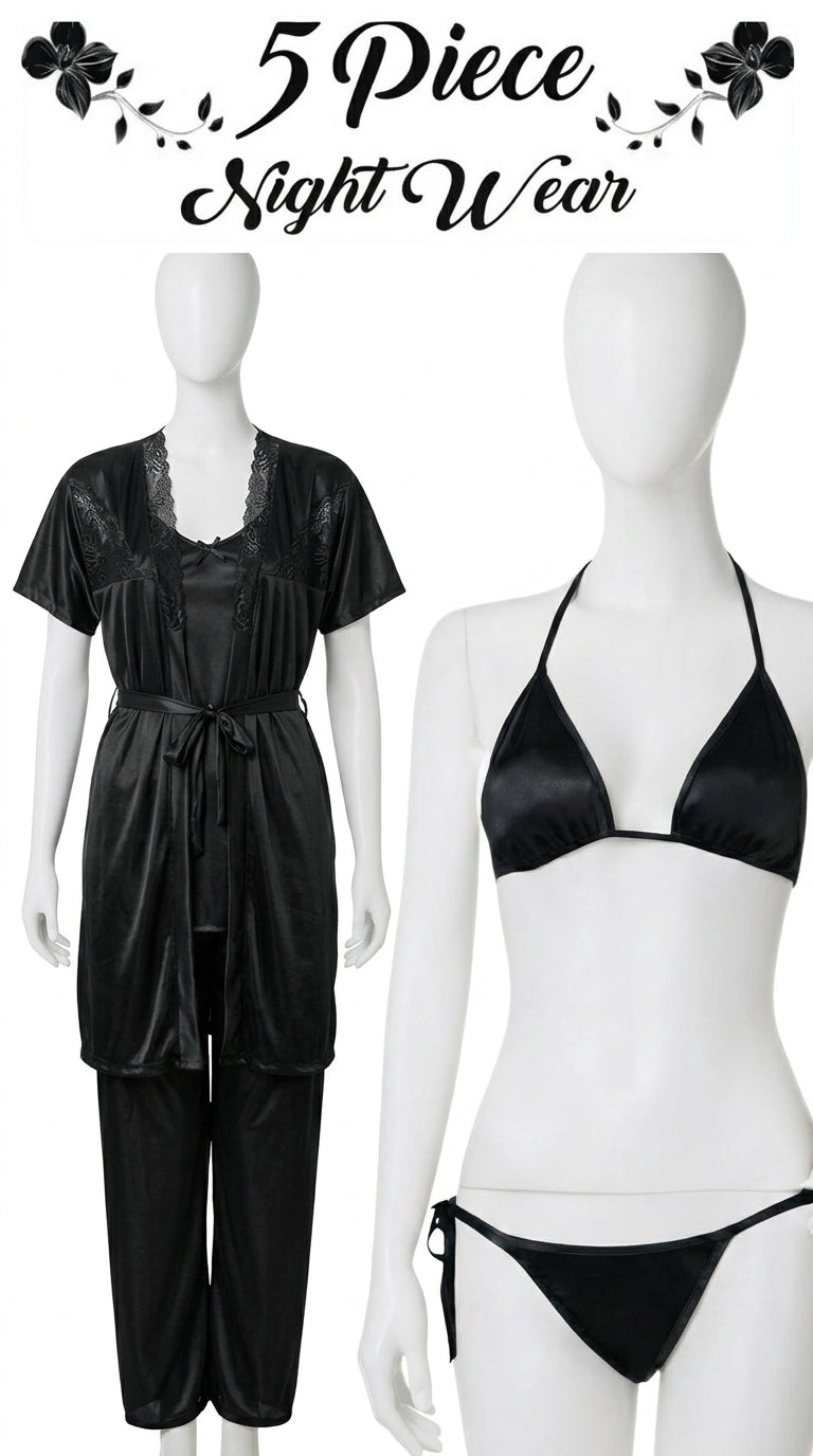 5-Piece Satin Nightwear Set for Women – Lace Robe, Camisole, Bra, Panty & Pajama Set