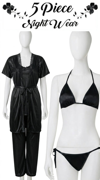 5-Piece Satin Nightwear Set for Women – Lace Robe, Camisole, Bra, Panty & Pajama Set