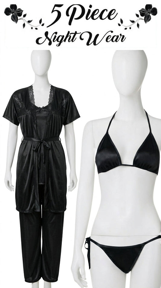 5-Piece Satin Nightwear Set for Women – Lace Robe, Camisole, Bra, Panty & Pajama Set