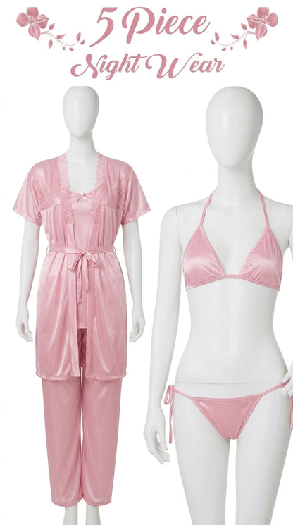 5-Piece Satin Nightwear Set for Women – Lace Robe, Camisole, Bra, Panty & Pajama Set