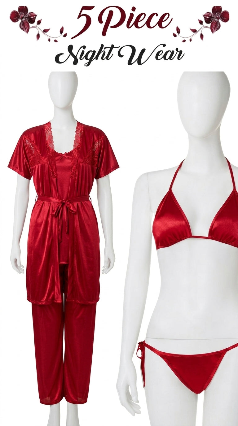 5-Piece Satin Nightwear Set for Women – Lace Robe, Camisole, Bra, Panty & Pajama Set