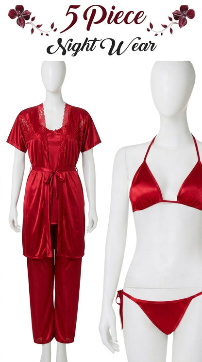 5-Piece Satin Nightwear Set for Women – Lace Robe, Camisole, Bra, Panty & Pajama Set