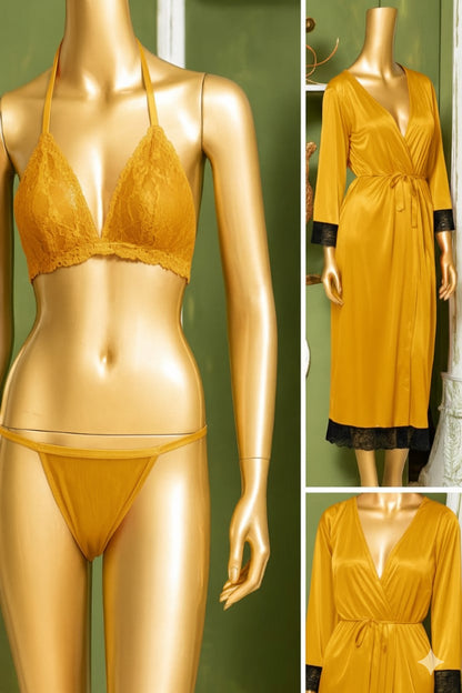 Luxury 3-Piece Satin Nightwear Set – Elegant Long Gown, Lace Bra & Panty Collection