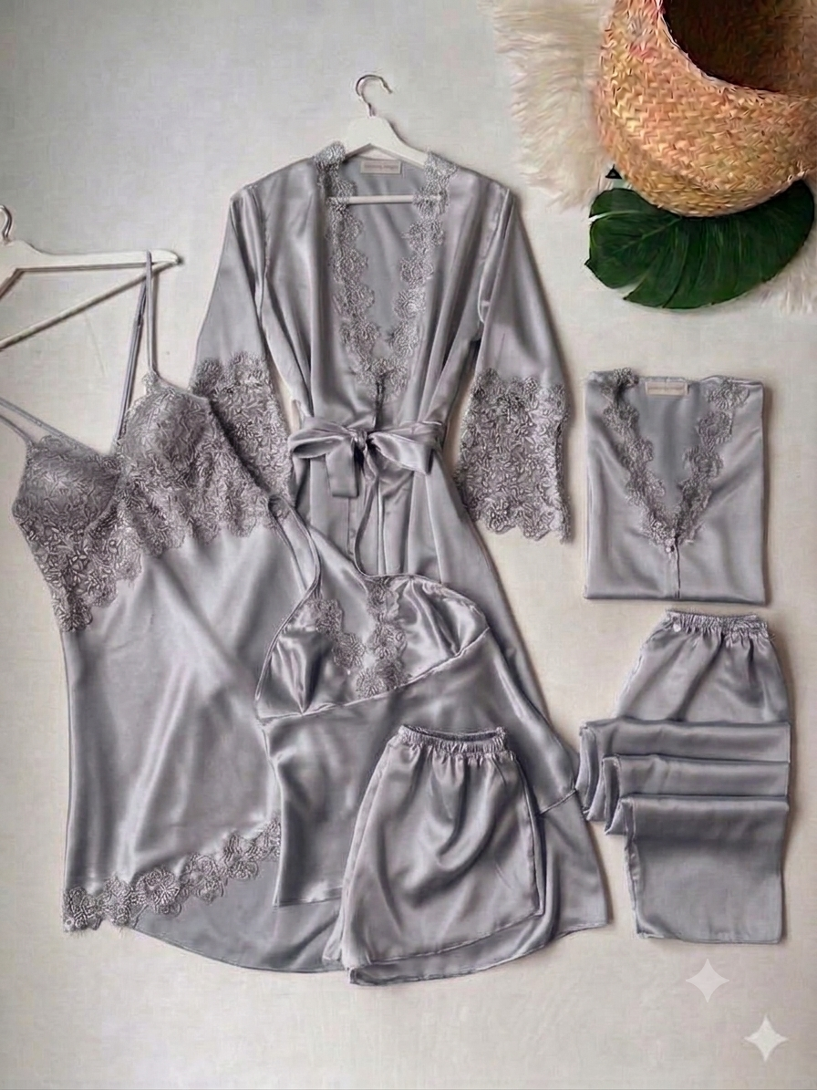Premium 6-Piece Women's Silk Pajama & Robe Set - Bridal & Luxury Sleepwear