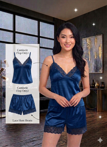 Luxury Satin 2-Piece Nightwear Set – Lace-Trimmed Camisole & Matching Shorts