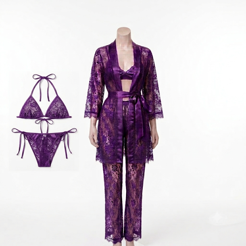Luxury 4-Piece Lace Lingerie Set – Bra, Panty, Trousers & Gown Set With Different Colors