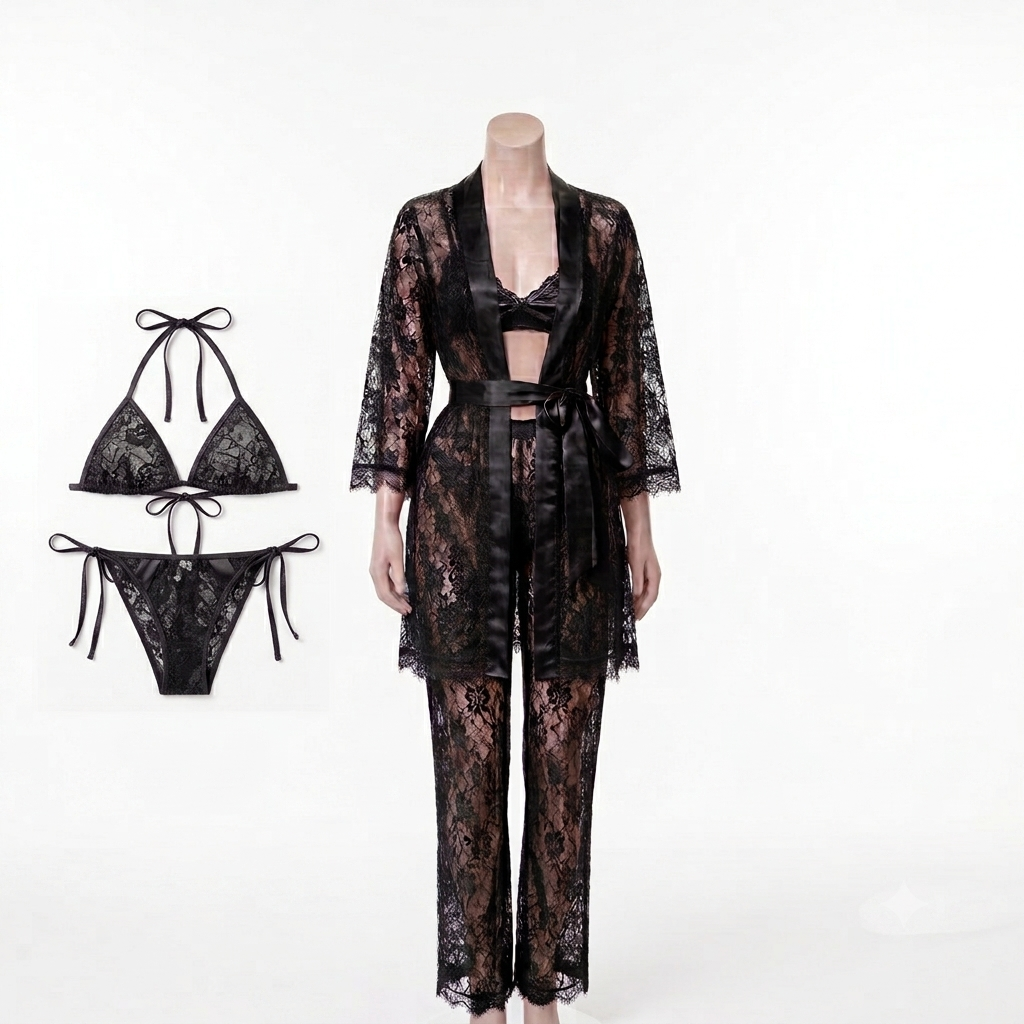 Luxury 4-Piece Lace Lingerie Set – Bra, Panty, Trousers & Gown Set With Different Colors