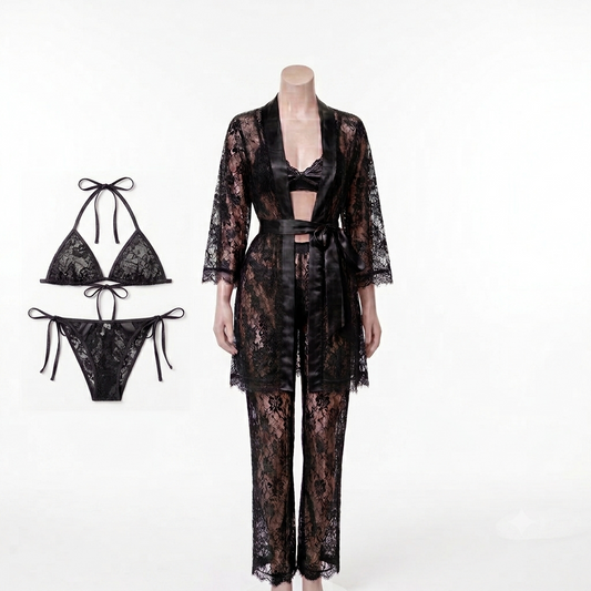 Luxury 4-Piece Lace Lingerie Set – Bra, Panty, Trousers & Gown Set With Different Colors