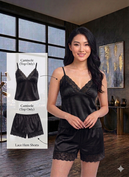 Luxury Satin 2-Piece Nightwear Set – Lace-Trimmed Camisole & Matching Shorts