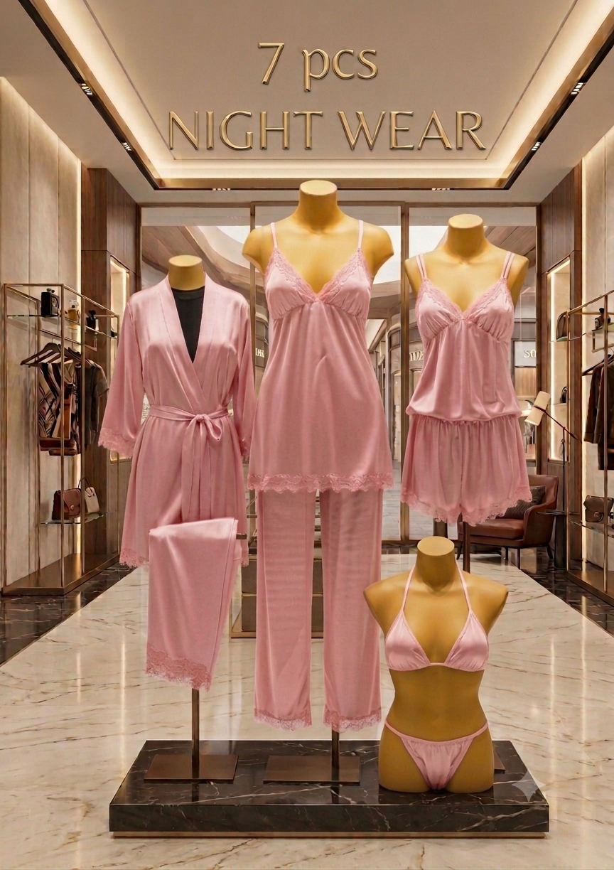 Luxury 7-Piece Silk Nightwear Collection | Elegant Sleepwear Set (Available in Multiple Colors)