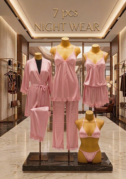 Luxury 7-Piece Silk Nightwear Collection | Elegant Sleepwear Set (Available in Multiple Colors)